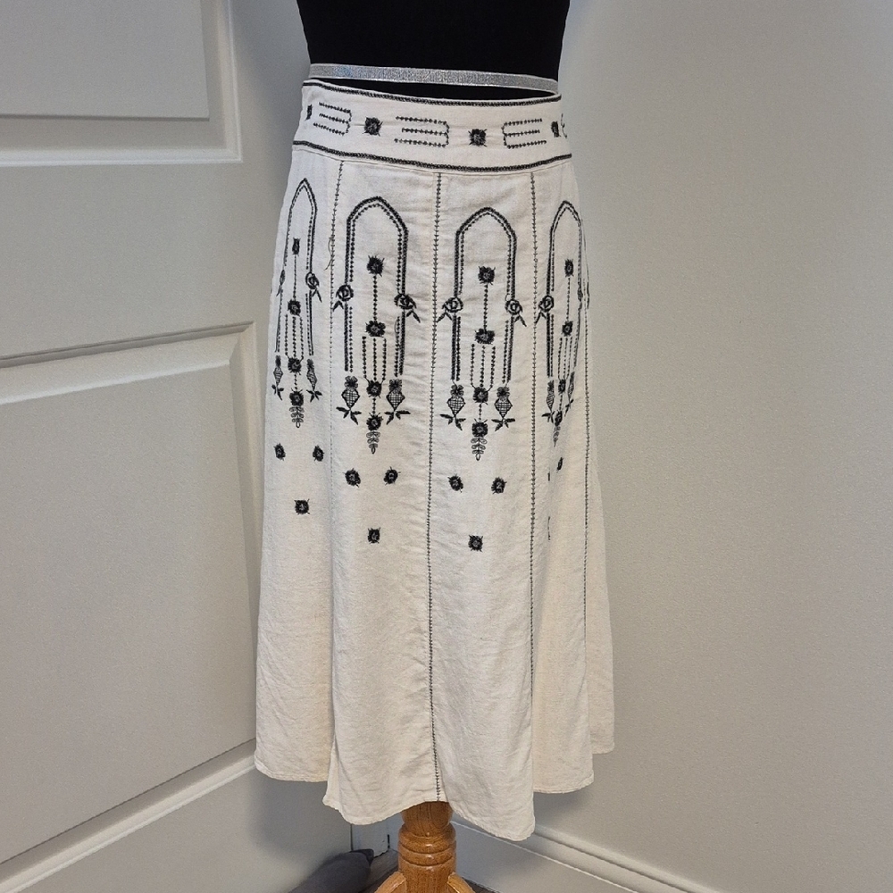 Black and White Embellished A-line Midi Skirt